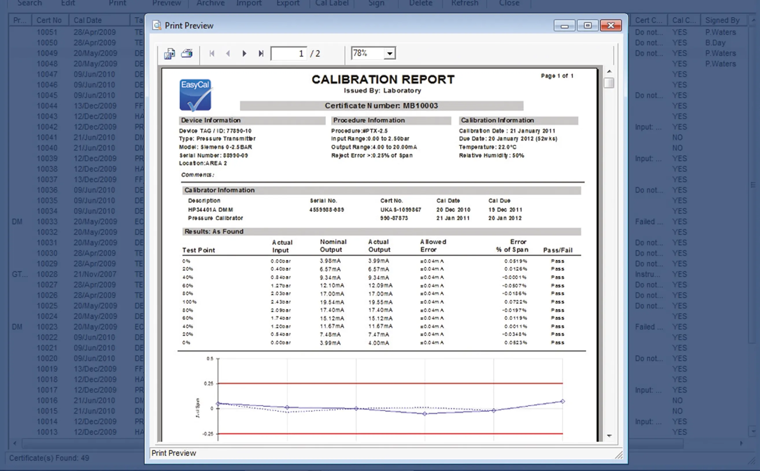 Calibration Certificate PDF viewer